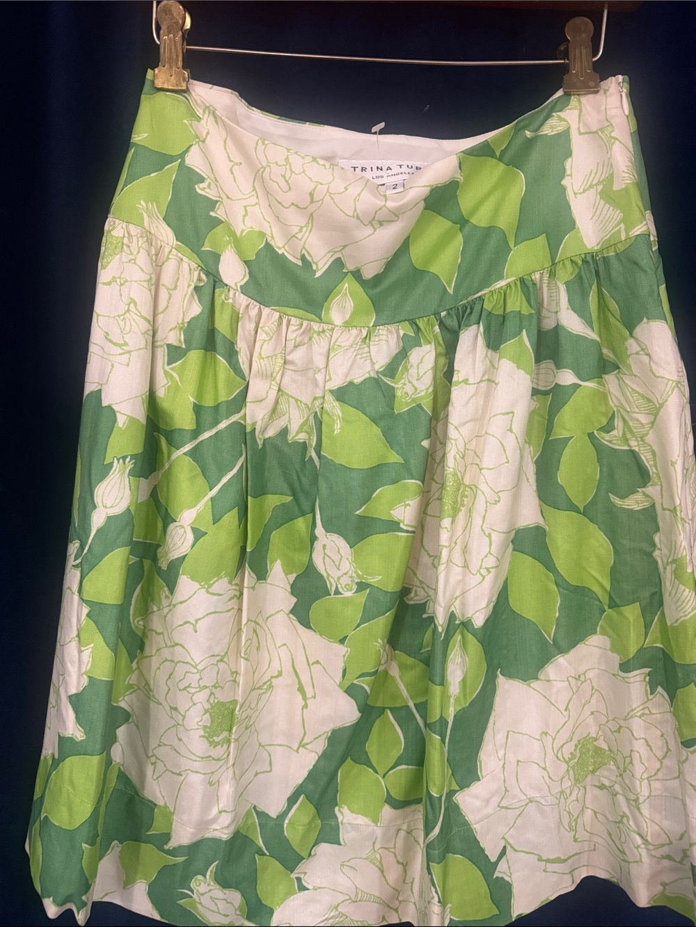 Trina Turk Green & White Floral Circle Skirt vintage, dead stock, silk floral
